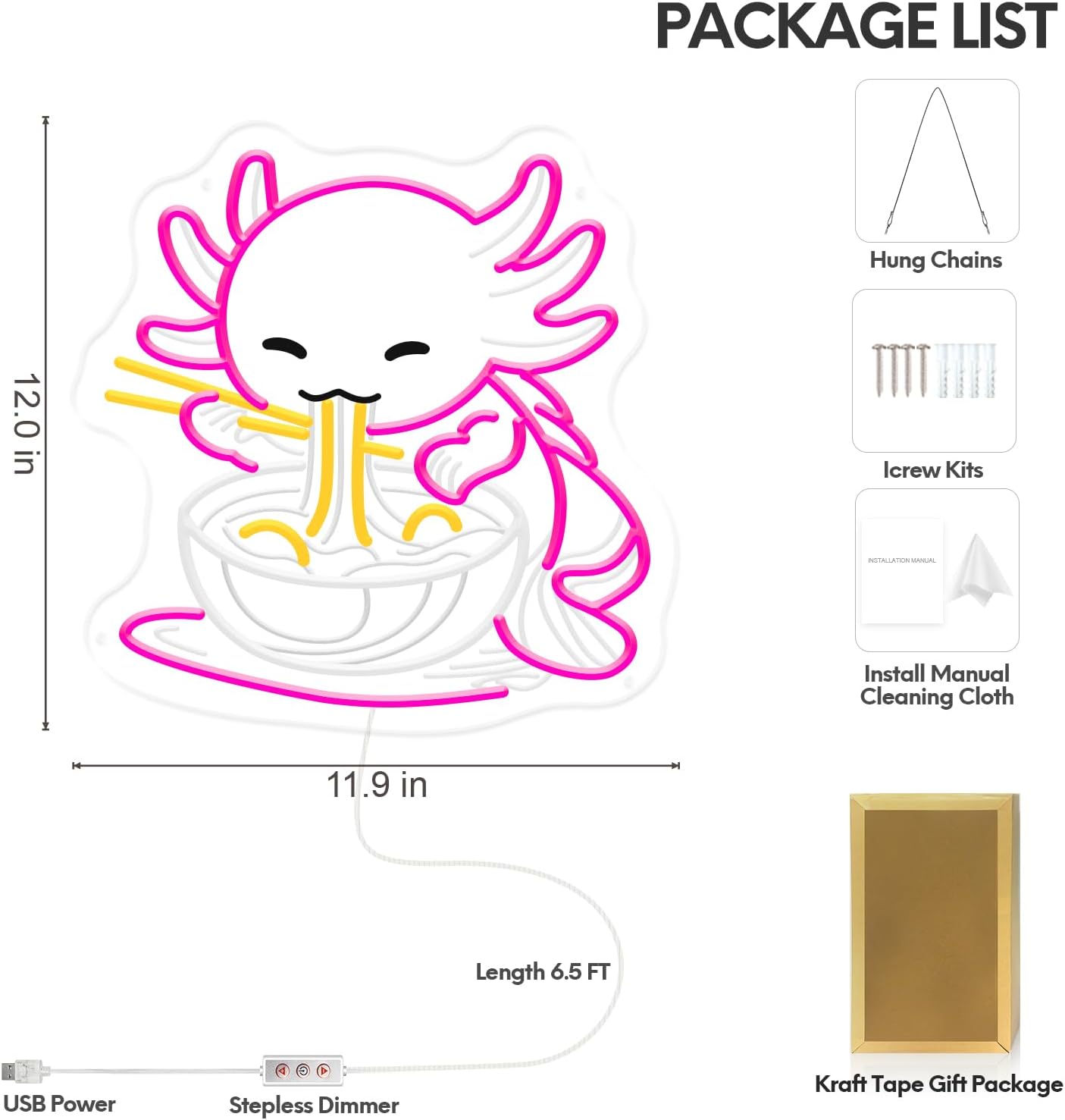 Axolotl Neon Sign, Dimmable Ramen Axolotl LED Neon Light, Cute Anime Japanese Noodles Light Up Sign, for Gaming Rooms Kids Bedrooms Themed Birthday Party Kitchen Living Room Wall Decor Gift