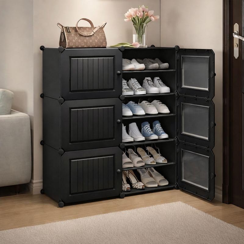 Image of Mevigo 12-Shelf Portable Shoe Rack for Home Plastic Shelves Household, DIY Shoe Rack Box with Door, Foldable Shoe Storage Stand with Dustproof Entryway for Heels /Slippers /Boots- Black-HA2