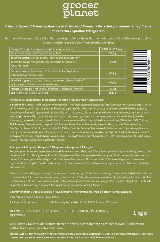 Grocer Planet - Crema de Pistacho (1Kg) | Con 45% Pistachos Mediterráneos | Sabor Dulce | Comida Italiana Gourmet | Ideal para Desayunos y Postres