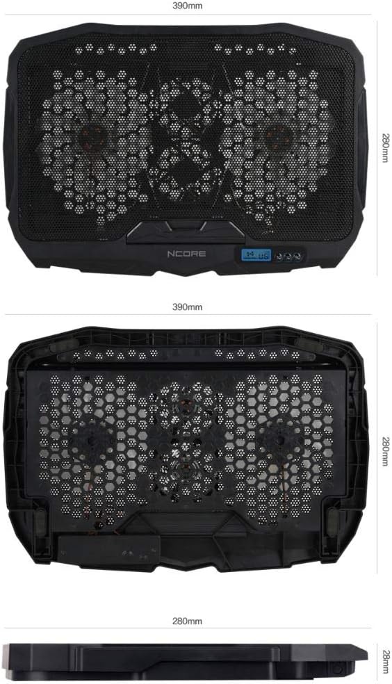 ABKO NCORE NC30 Laptop Cooling Pad, Blue LED Cooling Fan, Quad Fan, LCD Display Fan Controller, USB Powered, Up to 17 Inch, Non Slip Pad, Black Mesh