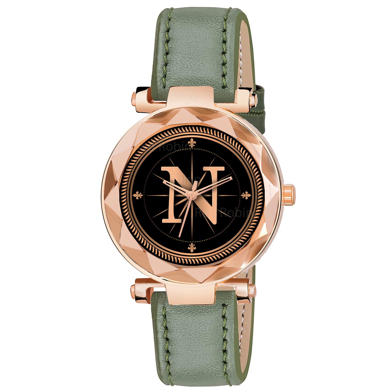 Sky Mart Analog Round Black Dial Alphabet N Design Stylish Green Leather Strap Classic Design Fancy Wrist Watch for Women and Girls, Pack of 1 – Alpha-N-GEN-RG-GRN-L