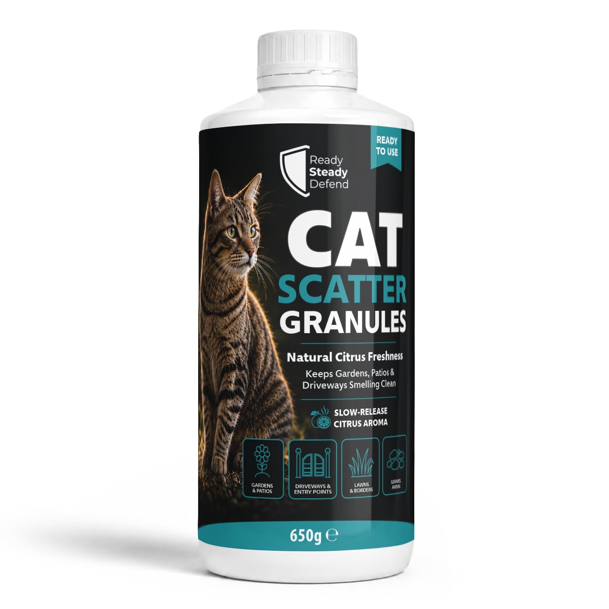 Cat Scatter Granules 650g – Natural Citrus Freshness for Gardens, Patios, Driveways, Lawns, Borders & Gravel Areas – Ready to Use Outdoor Scatter Granules