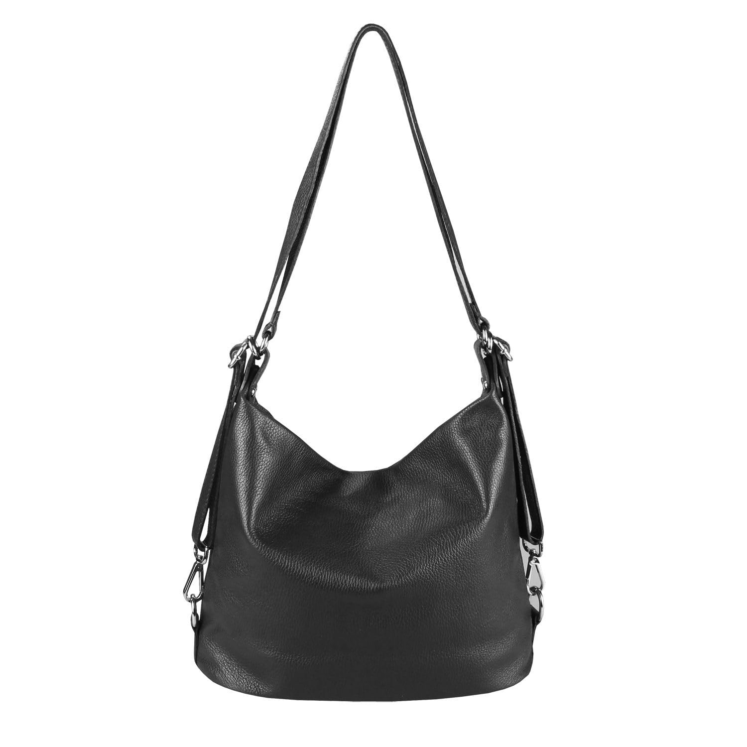 Made in Italy Damen echt Leder 2in1 Handtasche Rucksack Schultertasche CityRucksack Stadtrucksack Backpack Lederrucksack Daypack Ledertasche Schwarz