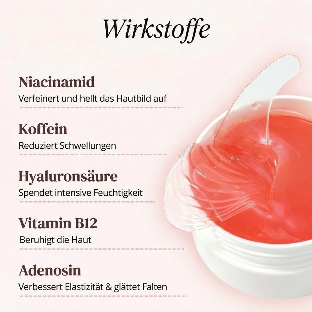 Solve Beauty, Peptid-Kollagen Hydrogel-Augenpads, solvene beauty augenpads mit Niacinamid Koffein Hyaluron, kühlende eye patches für frischer wirkende Augenpartie, 60 Stück Hydrogel Augenmaske