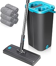MASTERTOP Wischmopp Set mit Eimer, Bodenwischer Set mit 6 Mikrofaser Wischpads und Edelstahlgriff, 2 in 1 Putzeimer mit Wischmop, Wischer mit Auswringfunktionfür Alle Bodentypen, Grau+Blau