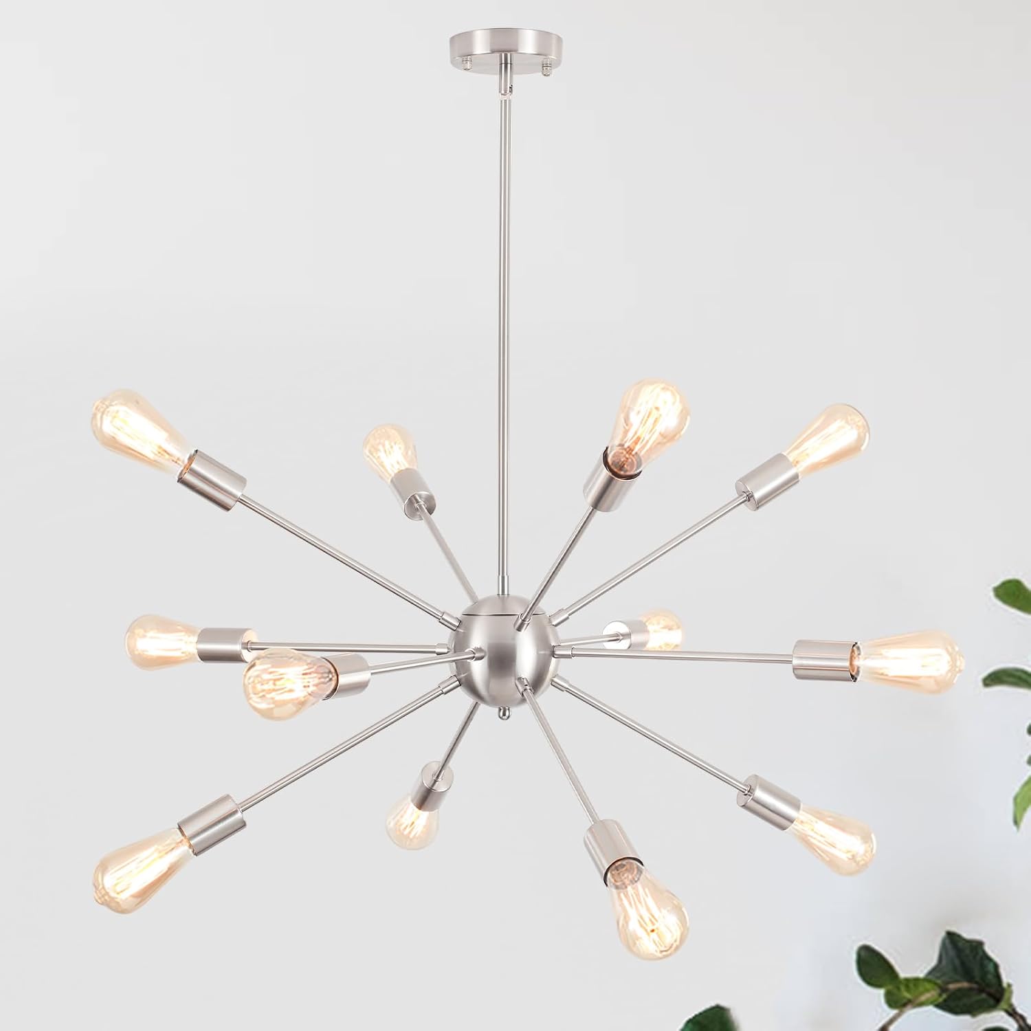 Lámpara de araña moderna, lámpara Sputnik de níquel cepillado de 12 luces, lámpara Sputnik industrial de mediados de siglo para comedor, sala de