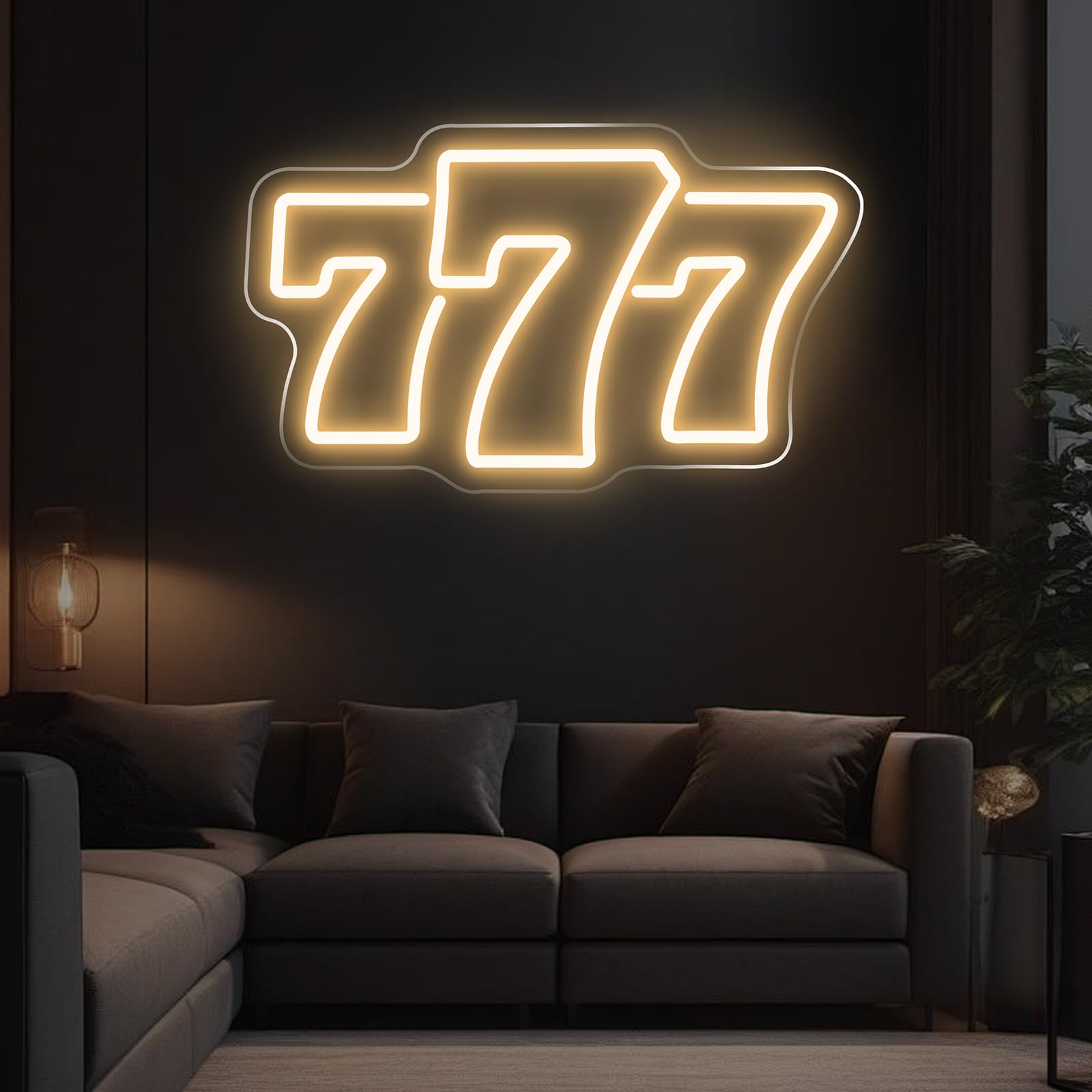 Insegna al neon 777 bianco caldo, 39,9 x 24,9 cm, angelo fortunato, luce a LED per camera da letto, decorazione casinò, sala giochi, grotta uomo, bar, serata poker