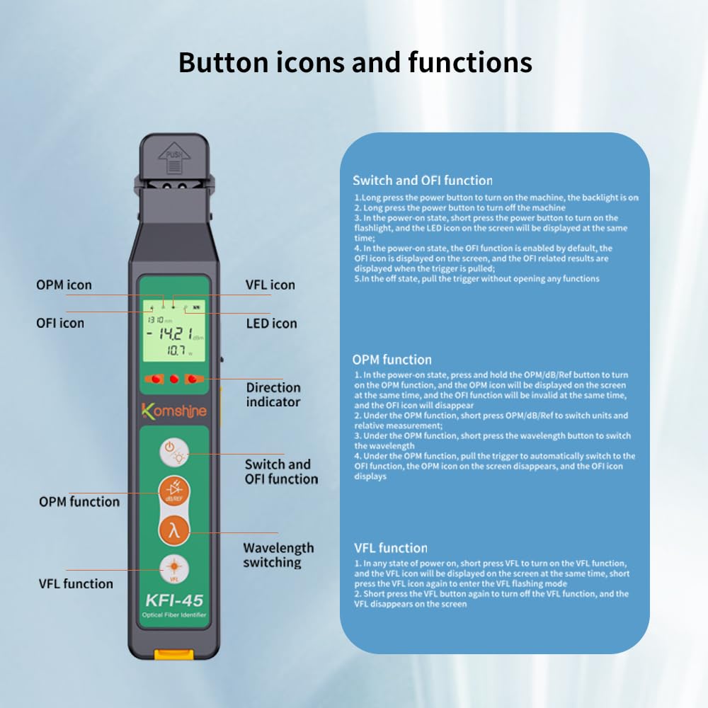 Optical Fiber Identifier Komshine KFI-45 Suit for 0.25/0.9/2.0/3.0mm Fibers, Testing Range: -40dBm-10dBm Built in Optical Power Meter OPM -70~+10dB Traffic Detector+Visual Fault Locator VFL+LED Light