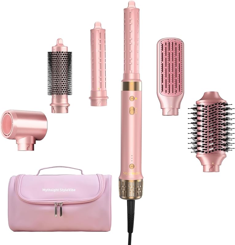6-in-1 Air Styler, Hair Dryer & Blow Dryer Brush with Travel Case - Auto Wrap Curls (L/R), Fast Drying, Thermal Round Brush for Smooth Blowouts & Frizz-Free Volume, No Heat Damage
