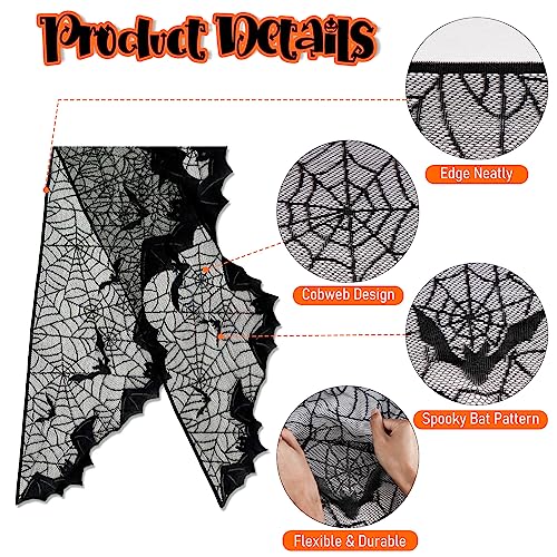Image of AerWo Halloween Decorations Indoor Fireplace Mantel Scarf, Black Lace Spiderweb Fireplace Cover for Halloween Mantle Decor Festive Party Supplies,20x79 inches