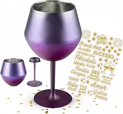 Taça Copo 2 em 1 Térmica Inox 414ml Parede Dupla Camaleão Haste Removível Cartela de Adesivos Personalizável Presente Aniversário Festa Réveillon Amigo Secreto Vinho Cerveja Suco Espumantes Cocktail