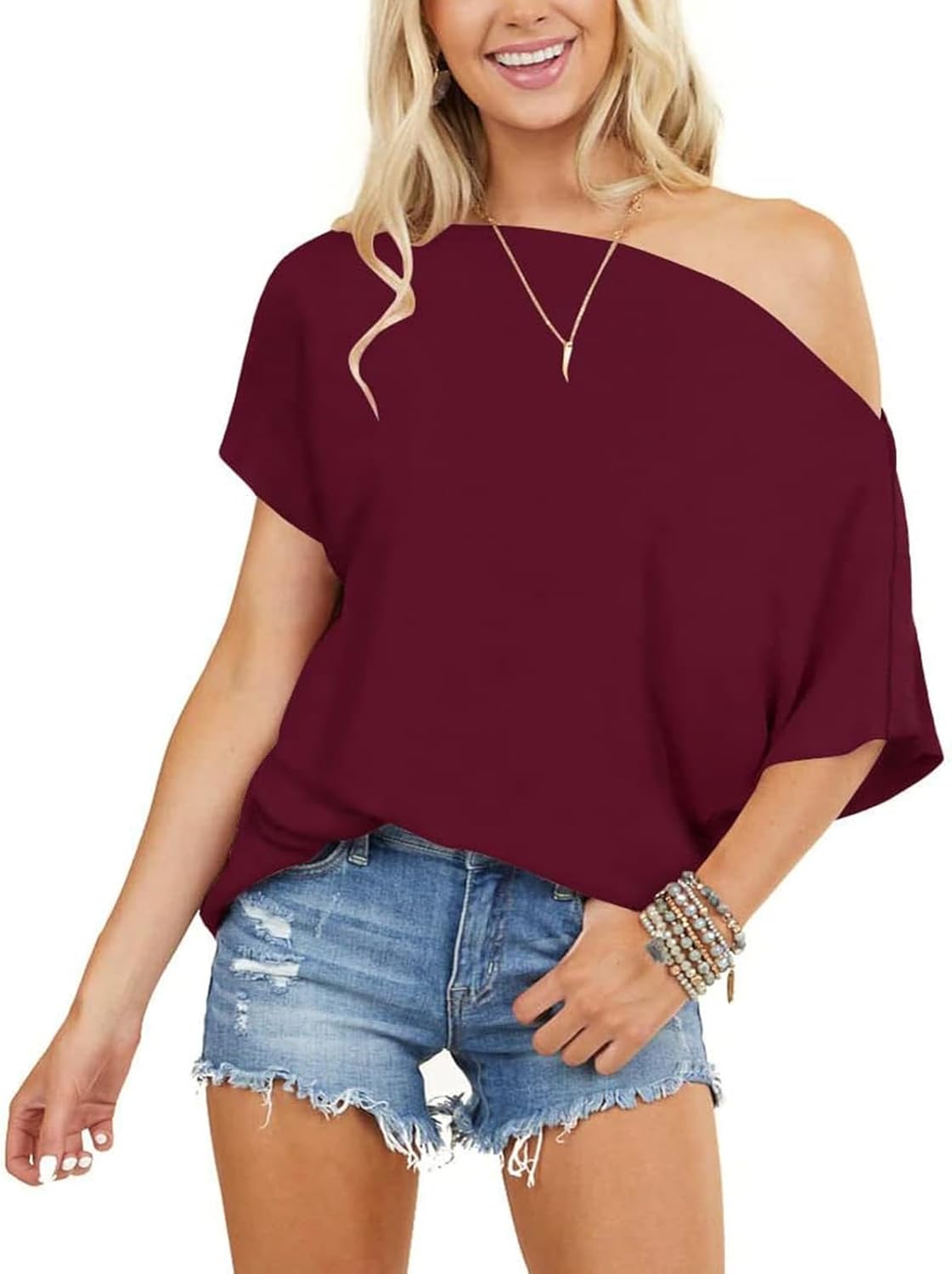Mcnlyce Off the Shoulder Tops for Women Short Sleeve Batwing Shirts Oversized Tee Tunic Summer Casual Loose Fit
