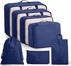 Lyrovo Nylon [UPDATED] 7pcs Travel Packing Cubes for clothes Laundry Toiletry Cosmetics Luggage Makeup Pouch Accessories Organizer Bag (Navy Blue)