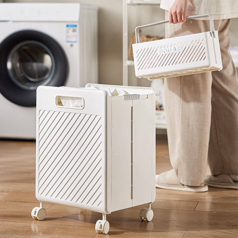 Collapsible Laundry Basket with Wheels, Plastic Foldable Laundry Hamper, Versatile Portable Storage Basket, Durable and Practical for Laundry and Bathroom (Cream)