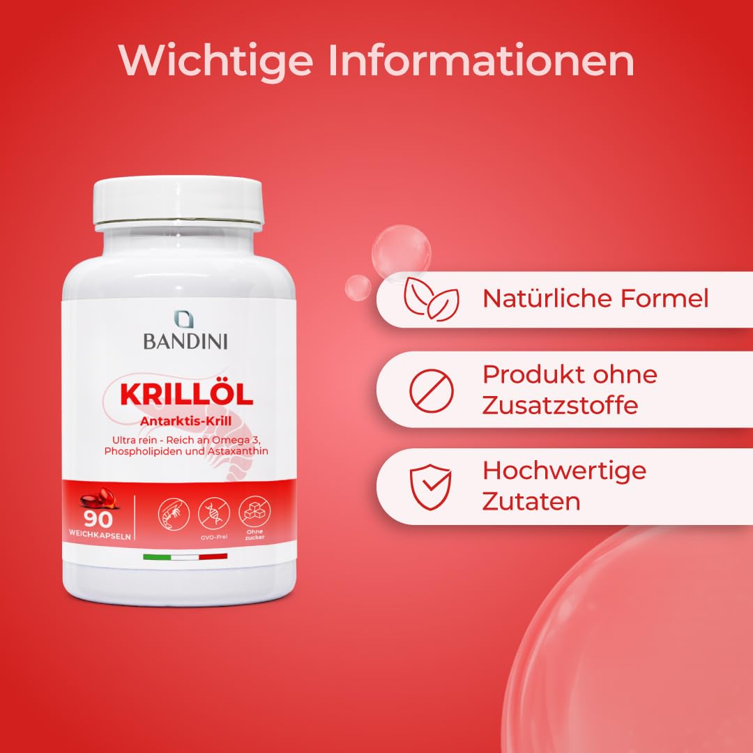 Bandini® Krillöl 3000 mg, reine Antarktis, 465 mg EPA und DHA, 1200 mg marine Phospholipide, Quelle von Astaxanthin und Omega 3 | Krillöl 100% natürlich, kein Nachgeschmack | 90 Weichkapseln