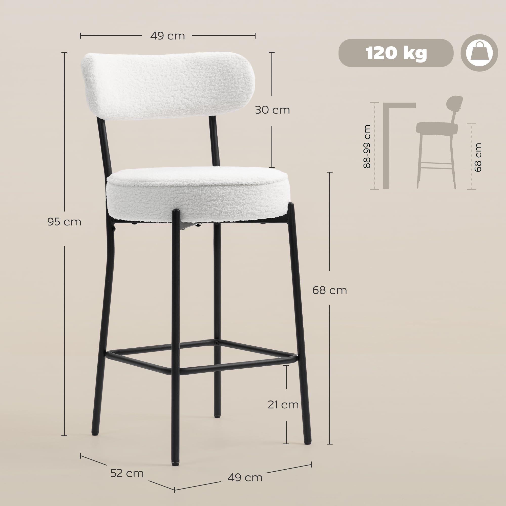 HOMCOM Lot de 2 Tabourets de Bar en Tissu Bouclette Assise 68H cm Crème | Chaises de Bar, Assise Large, Dossier Courbé, Repose-Pieds, Pieds en Acier, Chaises Hautes Cuisine, Salle à Manger, Comptoir