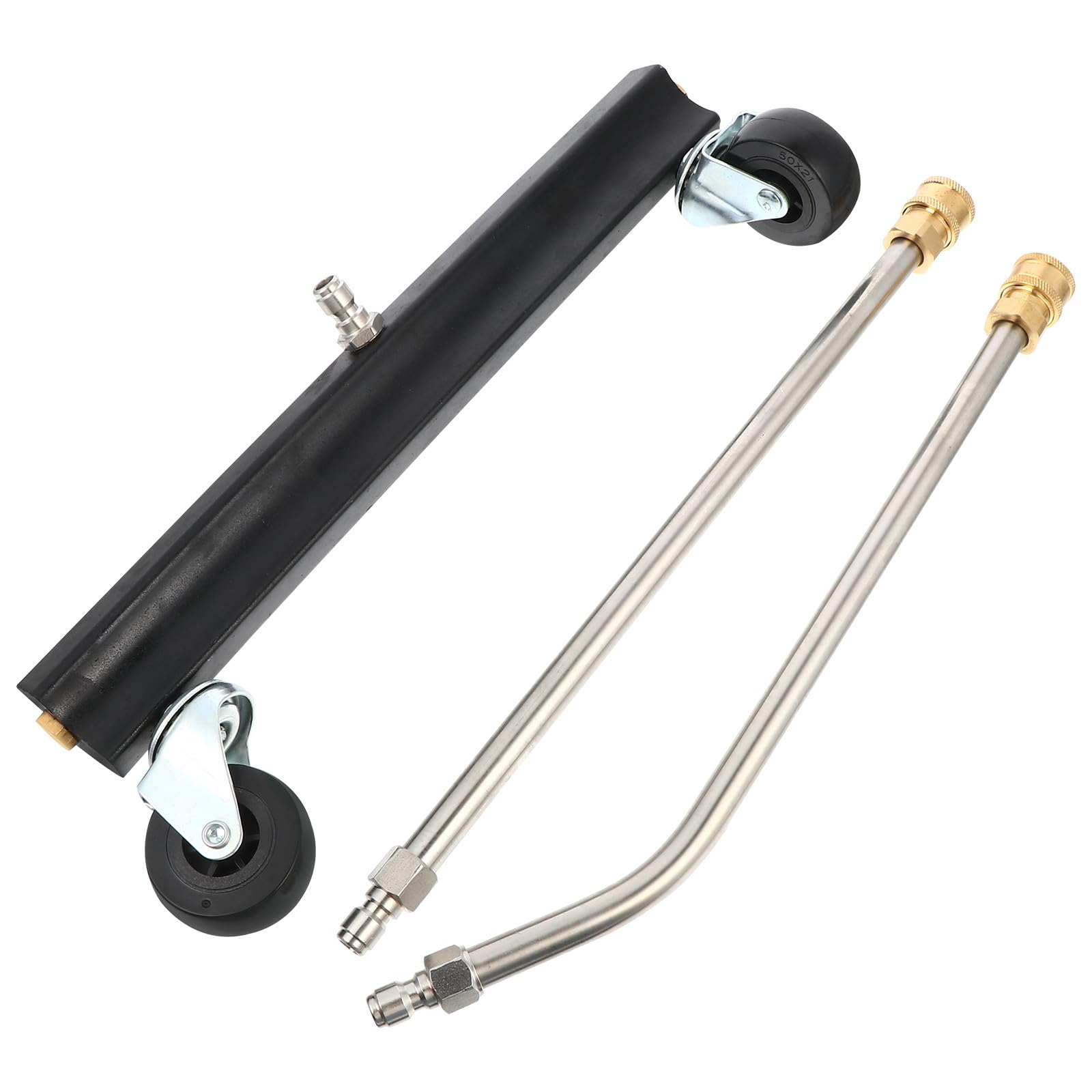 TOYANDONA Cepillo de Limpieza para Bajos de Vehículos Ruedas Giratorias, Acero Inoxidable, Conexión Rápida 1/4, Kit Barra Recta y Curva, Accesorio para Hidrolimpiadora de Alta Presión,