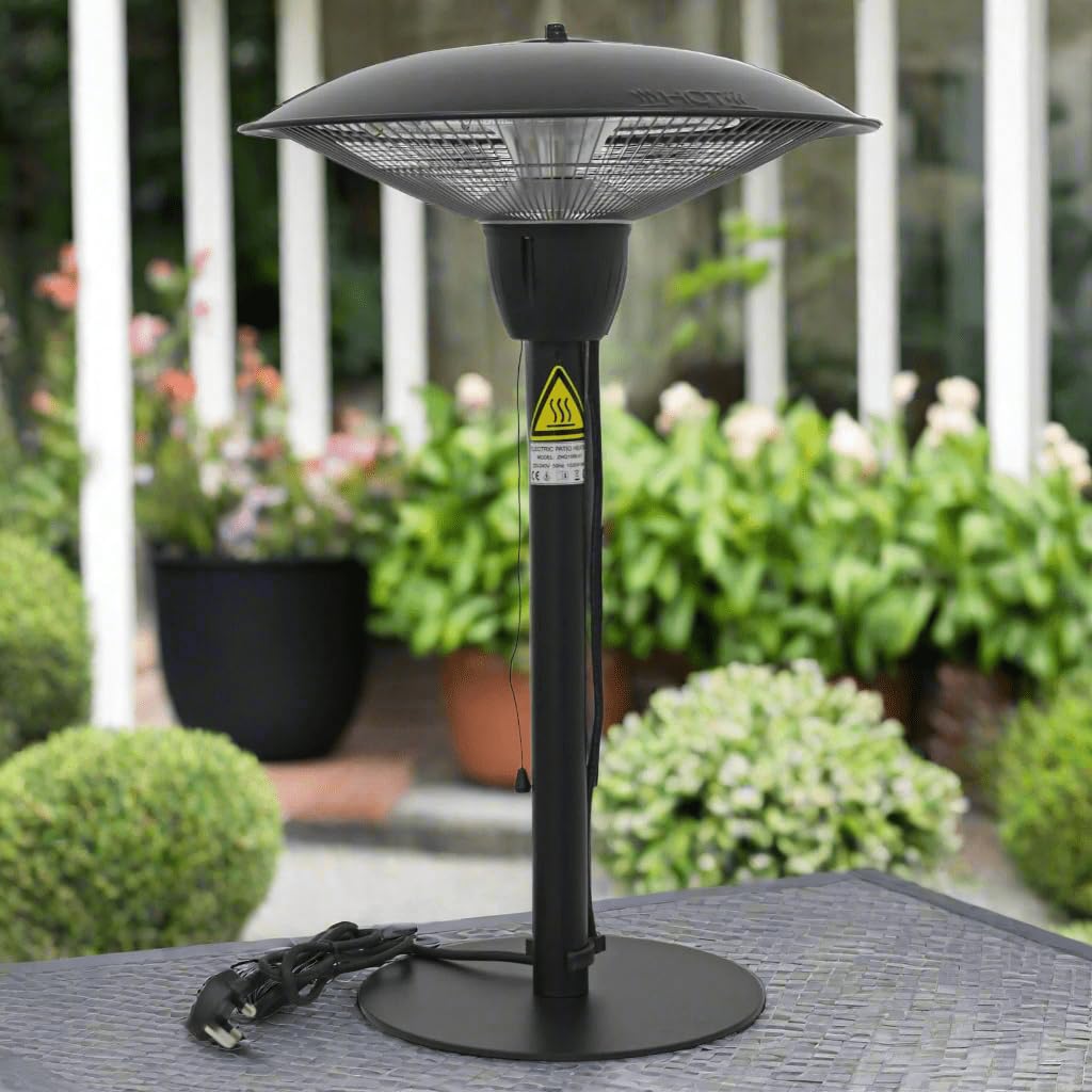 Azuma Tabletop Electric Patio Heater, 1500W Halogen Tube, IP44 Outdoor Rated, Pull Cord On/Off, Tip-Over Auto Shut Off, Black Powder Coated Steel, 66cm Tall, Patio Garden Balcony, Instant Radiant Heat