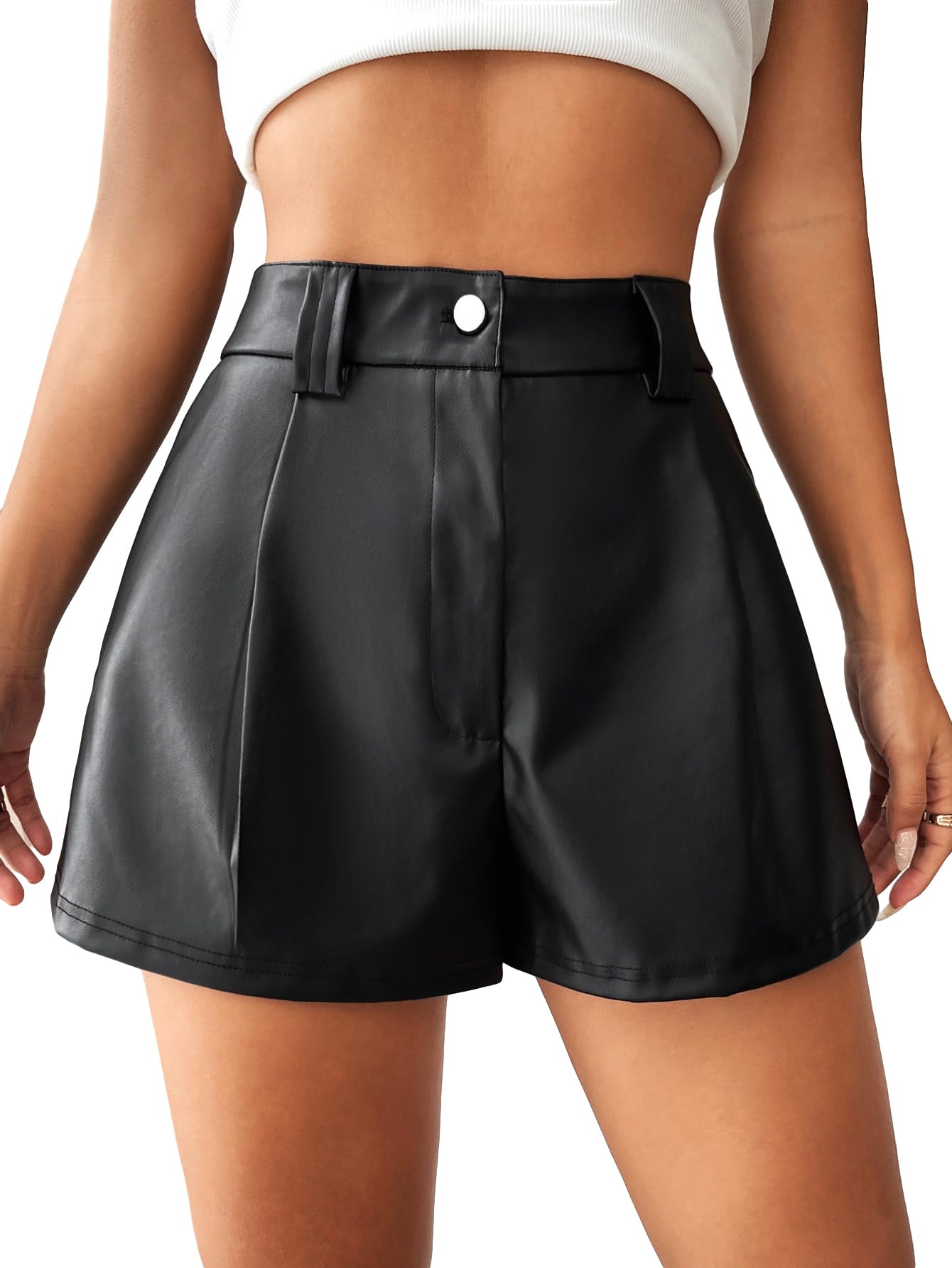 GORGLITTER Women's PU Leather Wide Leg Shorts High Waist Pleated Casual Shorts
