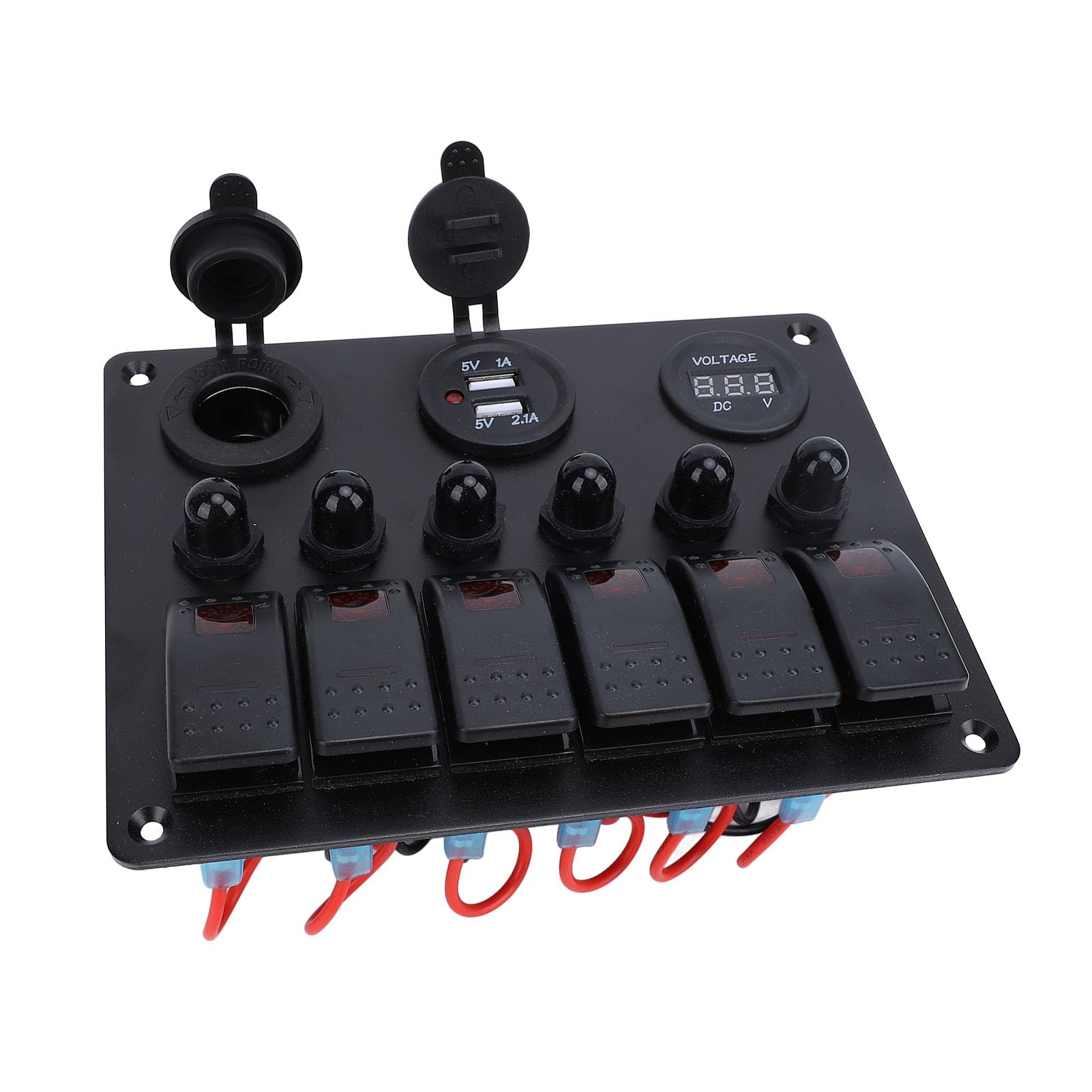 Acouto Panneau d'Interrupteur à Bascule DC 12-24 V 6 Gangs avec Surcharge, Double USB et Voltmètre Numérique pour Bateaux, Camping-cars, Panneau d'Interrupteur à Bascule 6 Gangs Interrupteur à