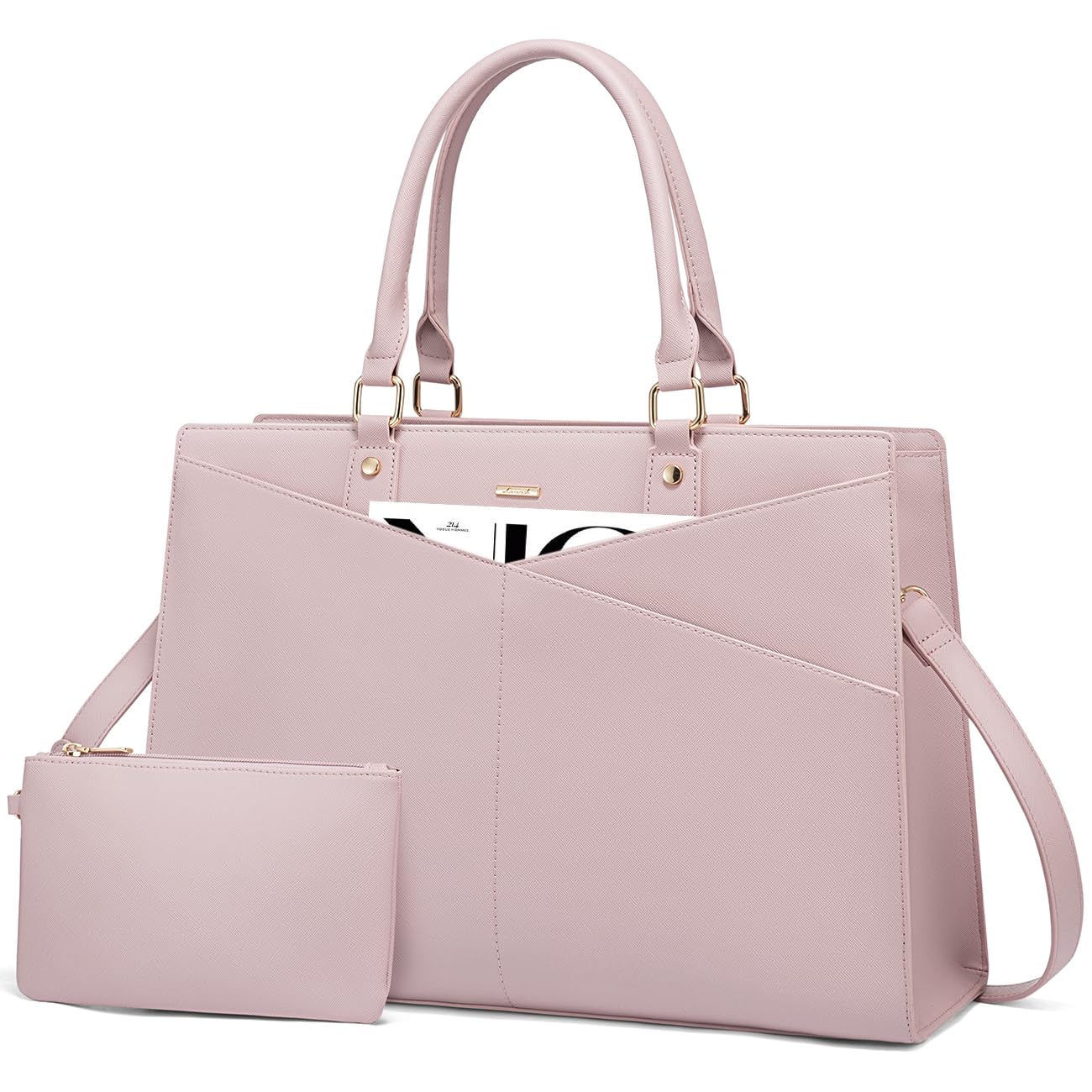 LOVEVOOK Laptop Tote Bag for Women, Leather Business Office Work Bag Computer Briefcase with Small Clutch fit for 15.6 Inch Laptop Pink