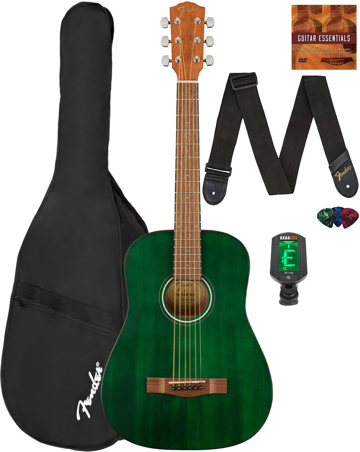 FA-15 3/4-Scale Kids Steel String Acoustic Guitar - Green Learn-to-Play Bundle with Gig Bag, Tuner, Strap, Picks, and Austin Bazaar Instructional DVD