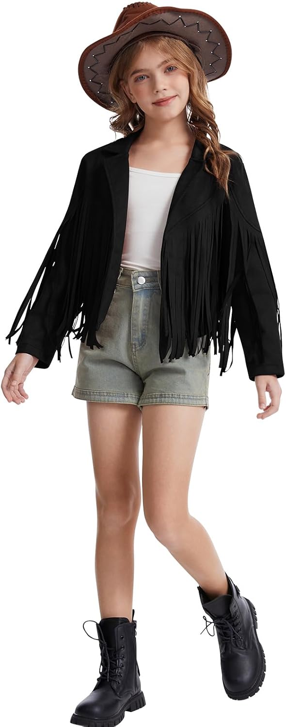 Girls Fringe Faux Suede Leather Jackets Kids Western Tassels Motorcycle Cardigan Cropped Coats