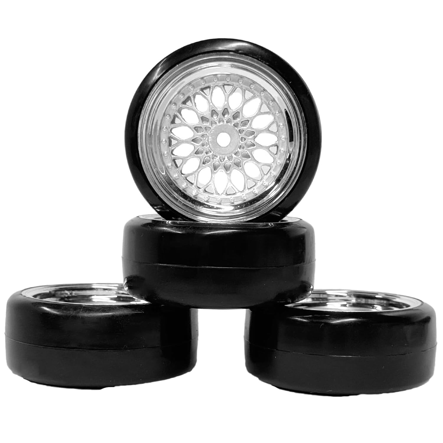 KINGCOO 4PCS RC Drift Car Tyre 63mm Smooth Hard Tires and Plastic Plating Wheel Rims Set for 1/10 RC On Road Run-flating Touring Racing Drifting Car for HSP HPI Kyosho (Silver - Image 4