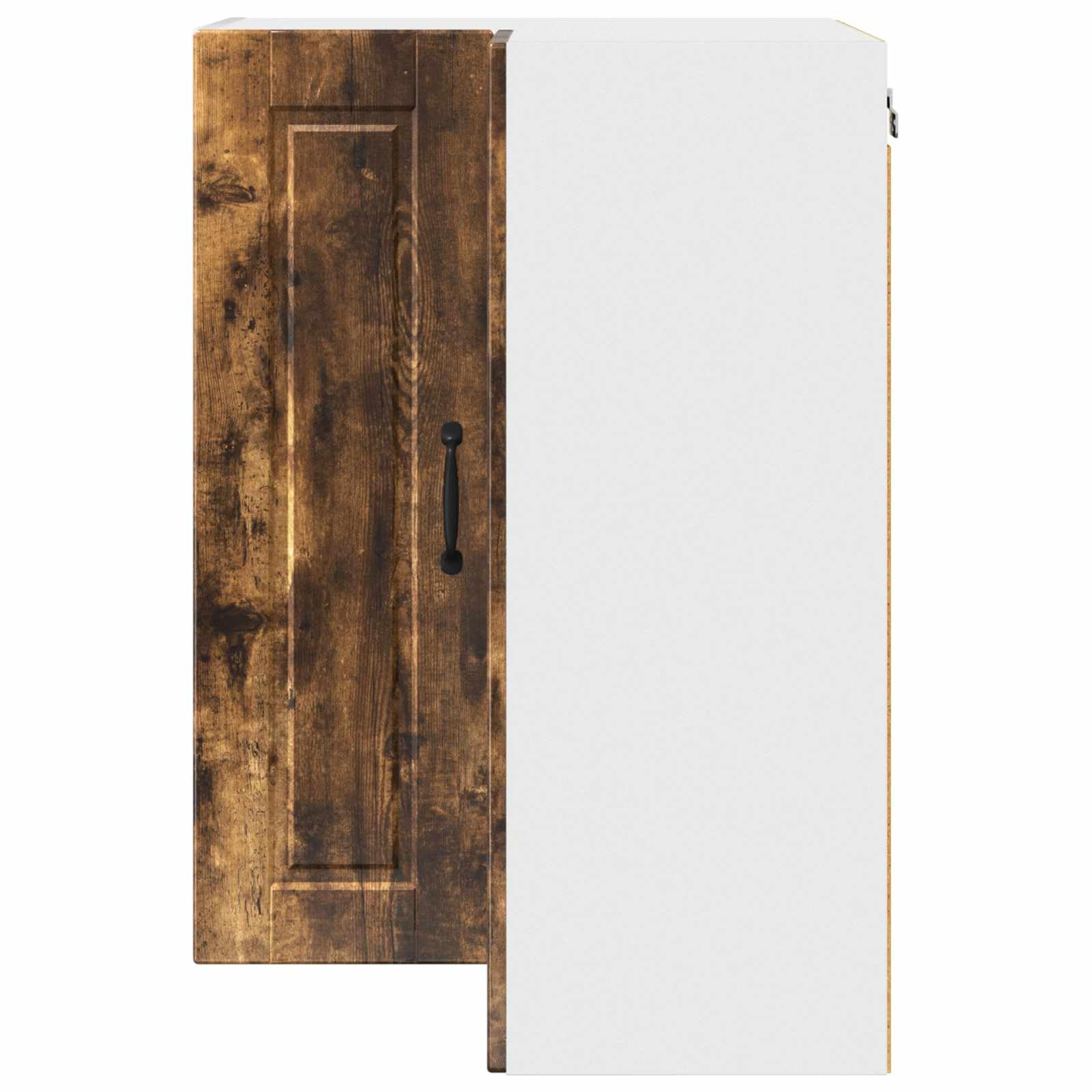 Armario esquinero Porto de pared de roble ahumado, 57 x 57 x 80 cm, 2 puertas, 3 estantes, armario colgante, armario de cocina, armario de almacenamiento