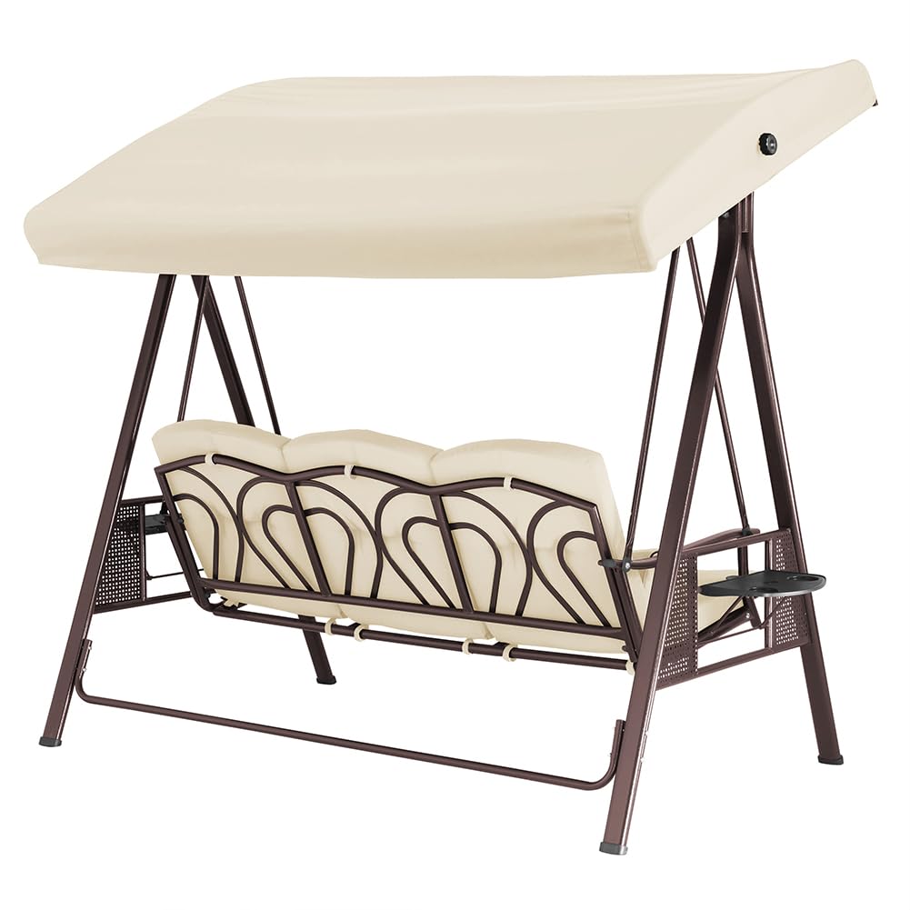 Bakaji Dondolo Da Giardino 3 Posti con 3 Cuscini Tetto Parasole Regolabile e Vassoi Pieghevoli Struttura in Metallo Seduta in Tessuto con Maxi Imbottitura 8cm (Beige)