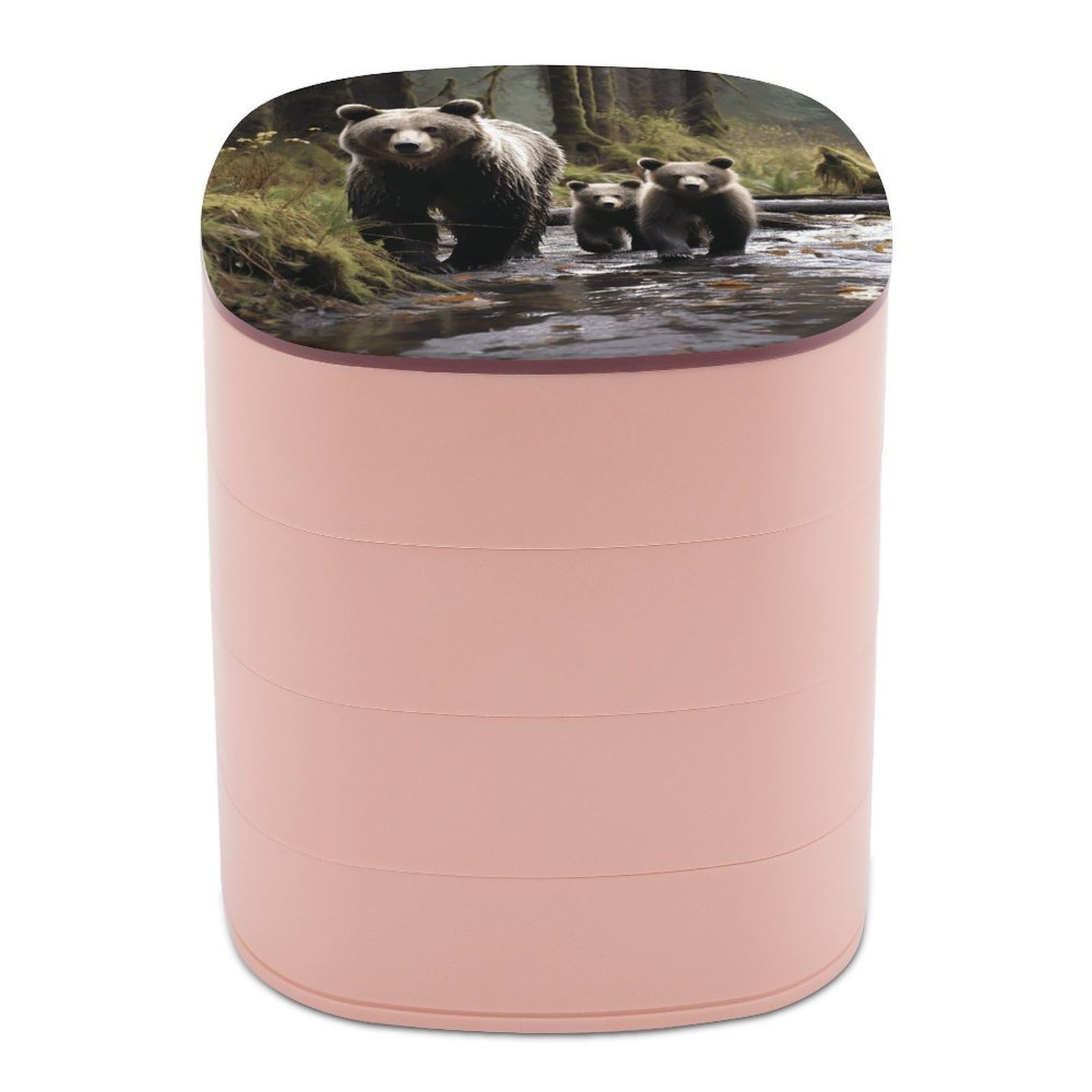 VstaDank Mother Bear And Her Cubs Jewelry Organizer Small Travel Earring Storage Box with Mirror 4-Layer Rotating Travel Jewelry Tray Case with Lid Large Capacity Jewellery Holder Case