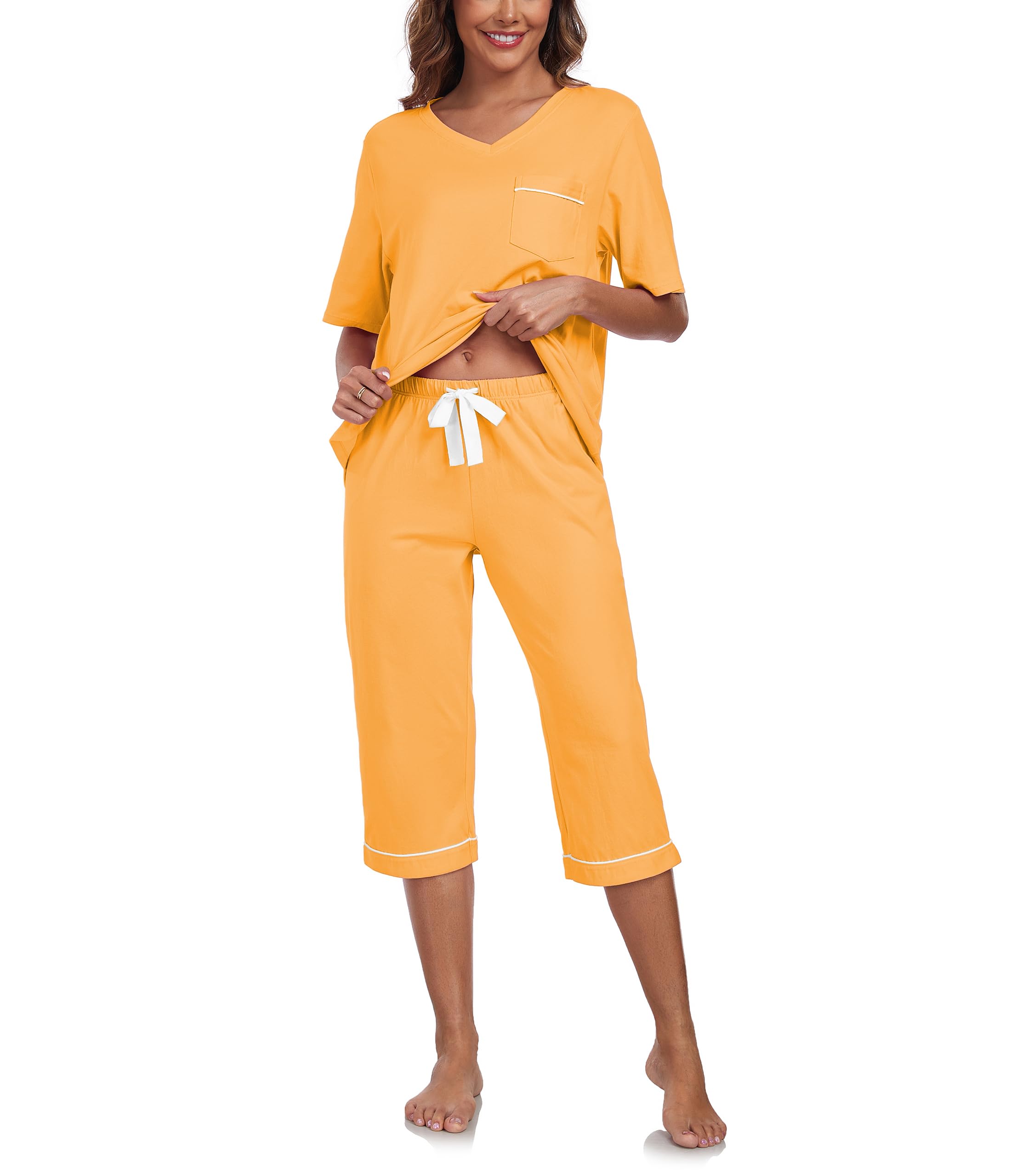 ANLIQI Womens 100 Cotton Pajama Sets Pjs Sleepwear for Women 2 piece Short Sleeve with Capri Pants Soft