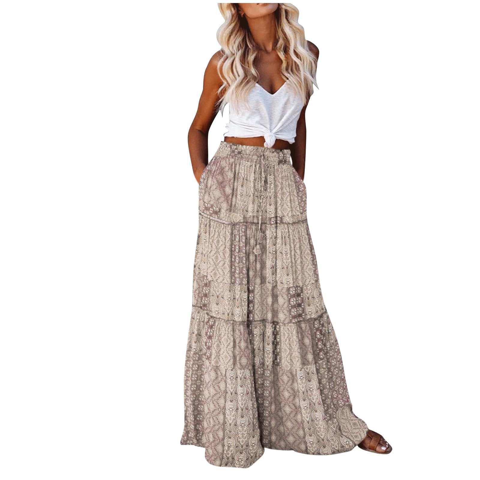 DUddTTW Casual Women's Midi Skirt Printed Ankle Length Skirts High Waisted Swing Skirt Midi Length Flowy Skirt Loose Maxi Skirts Stylish(Gris,Lagre)