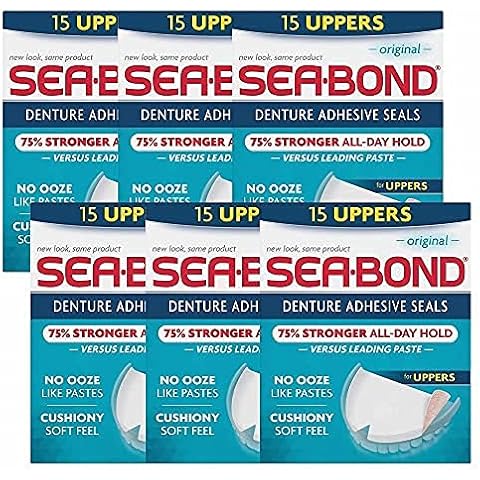 Sea-Bond Secure Denture Adhesive Seals, Original Uppers, Zinc Free, All Day Hold, Mess Free, 15 Count- Pack of 6 ( 90 Total Uppers) Cover