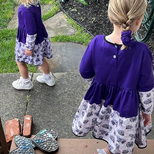 Fall Winter Girls Long Sleeve Dress - Soft Organic 100% Cotton Purple Hippo Animal Print - Casual School Playwear4