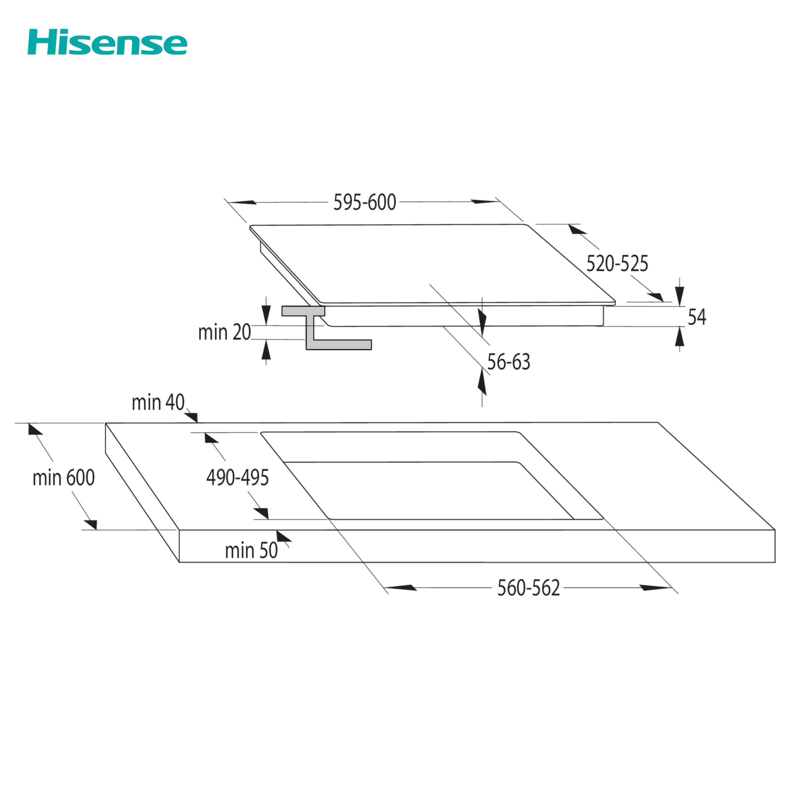 Hisense HIO6421BSC- Piano Cottura a Induzione, 4 Zone di Cottura con Funzione Bridge, Funzione Power Boost, Timer di Cottura, Nero, 595 x 58 x 520 mm
