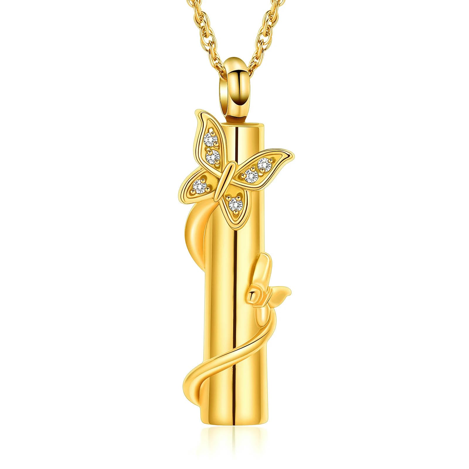 ADENLA Cremation Jewelry Butterfly Urn Necklace for Ashes for Women Cylinder Bar Urn Locket Ashes Keepsake Necklace of Loved One-Gold