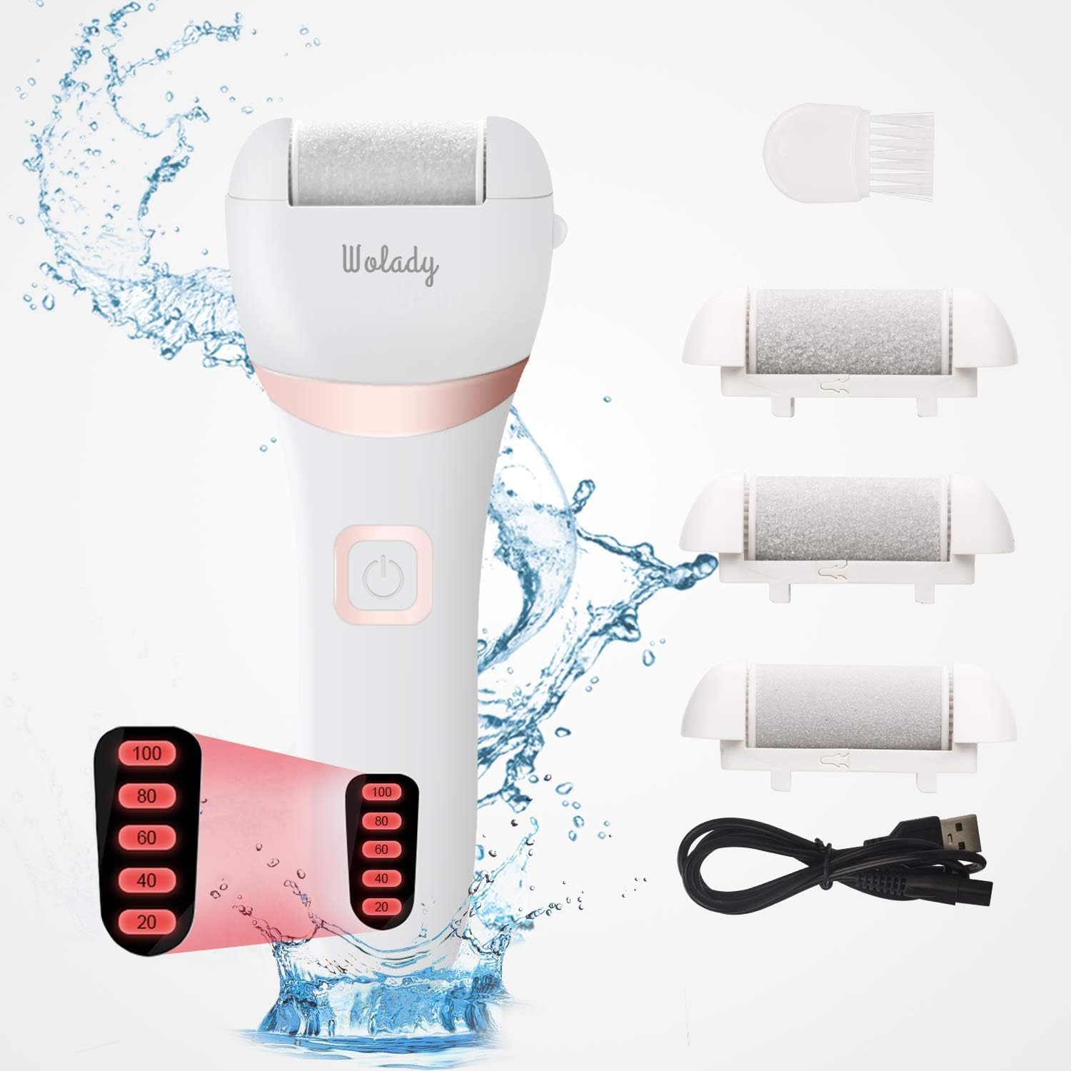Electric Foot File, Hard Skin Remover Rechargeable Feet Scrubber Shaver Waterproof Callus Remover for Dry Dead Cracked Feet with 3 Roller Heads, White