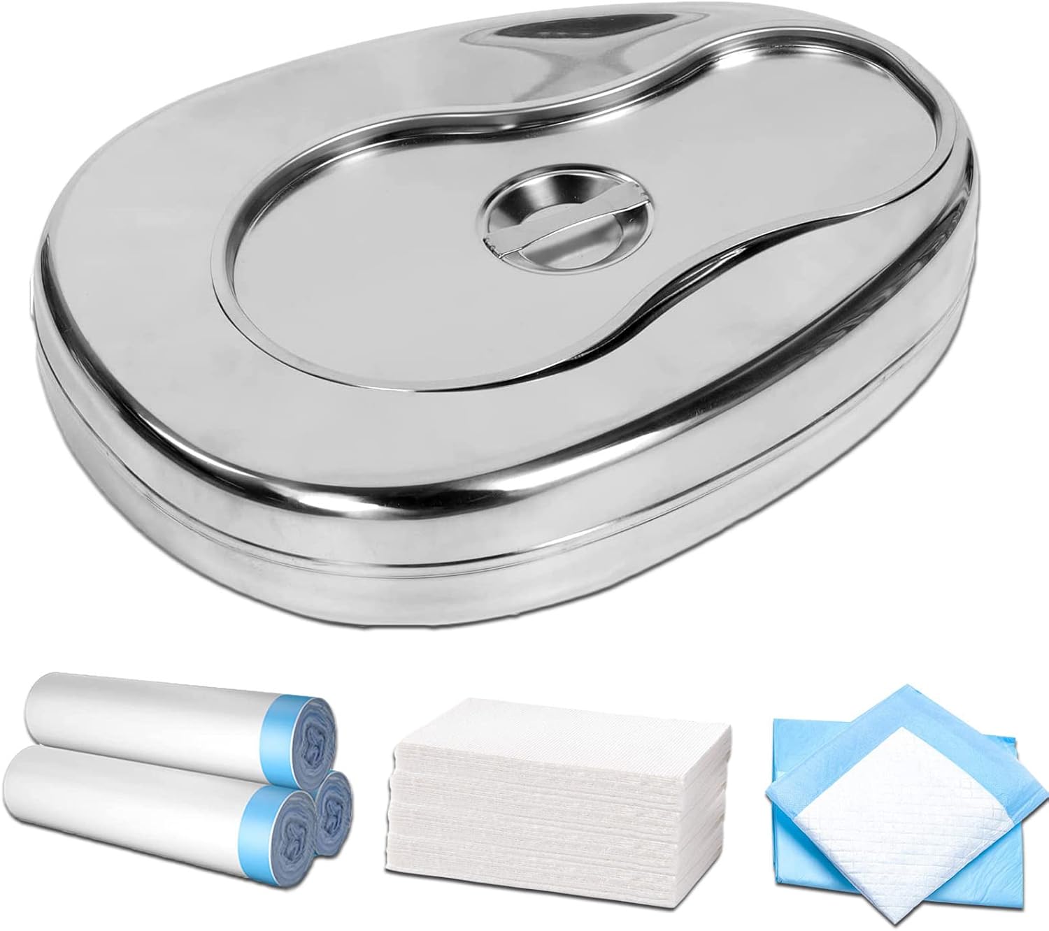 Bed Pan for Elderly Men/Women Comfortable with 45 Super Absorbent Pads and Disposable Liners,Stainless Steel Bedpan - Bedpan with Lid for Bedridden Patients Women Home Hospital…
