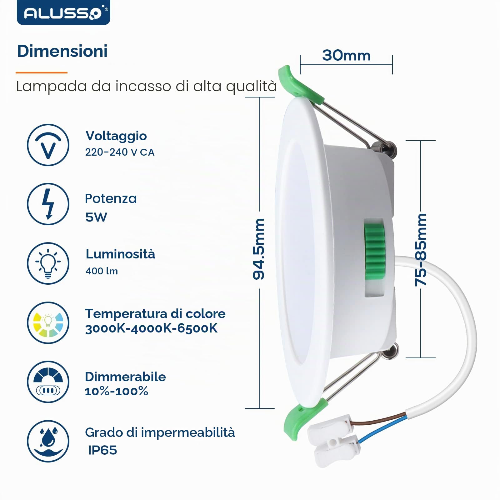 ALUSSO 6 Faretti LED da Incasso, 5W 400LM Luci da Soffitto Interno, Dimmerabile IP65 per Bagno, Bianco Caldo 3000K Bianca Naturale 4000K Bianco Freddo 6500K, Apertura Ø75-85mm, Ultra Sottile 30mm