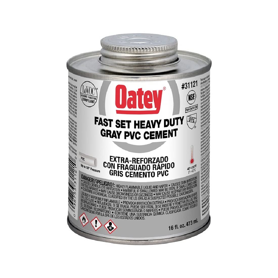 Oatey 31121 Fast-Set Heavy Duty Solvent Cement, 32 Oz, Can, Gray, Liquid, 16 oz, 16 Ounce