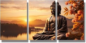 Living Room Canvas Wall Art Magha Asanha Visakha Puja Day Canvas Poster Prints Artwork 3 Panel Home Wall Decor Buddha Statue for Office Wall Decor Framed Ready to Hang 16x24inchx3