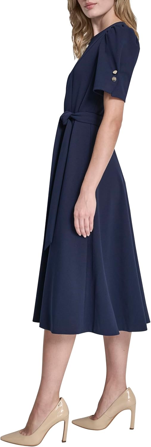 DKNY Womens Short Puff Sleeve Jewel Neck Midi Dress Removable Belt Scuba Crepe Dress - Image 3