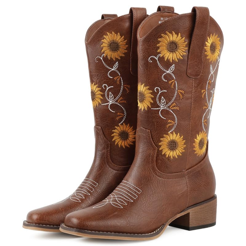 Cowboy Boots for Women Square Toe – Mid Calf Western Cowgirl Boots with Sunflower Embroidery, Chunky Heel, Pull On Design-image-47