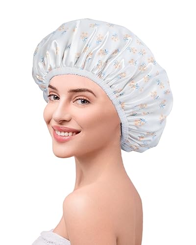 Miniatura 7 de Gorros de ducha, gorro de ducha grande de triple capa para mujer, gorros de ducha reutilizables para cabello largo y grueso (flores amarillas)