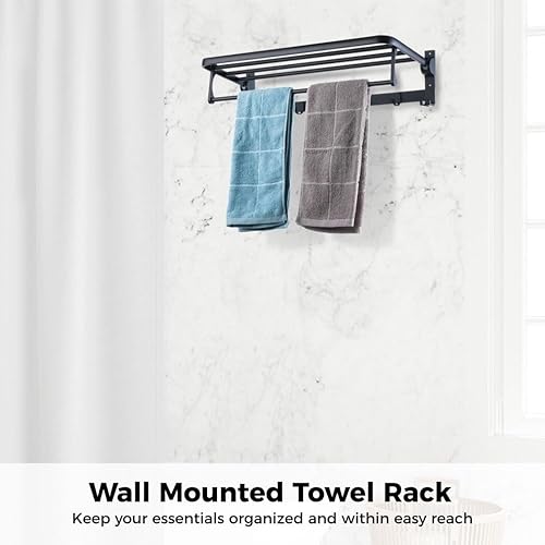 Miniatura 3 de Toallero plegable de 24 pulgadas con toallero, toallero con ganchos, toallero montado en la pared para baño lavatorio, acero inoxidable SUS 304,