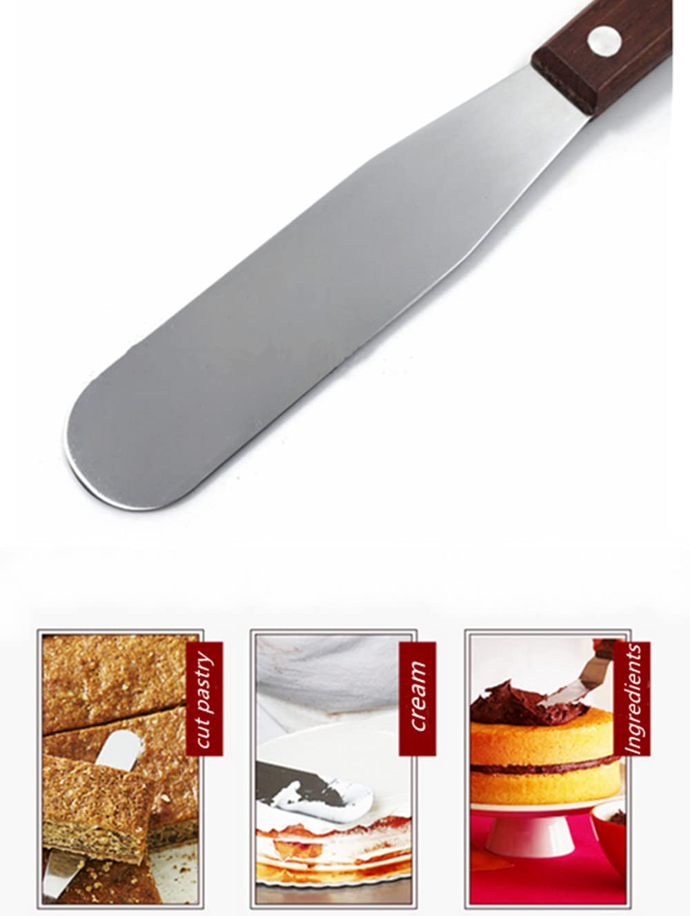 Paquete de 2 espátulas de acero inoxidable de 6 pulgadas, espátula para decoración de pasteles con mango de madera para untar queso, queso 3