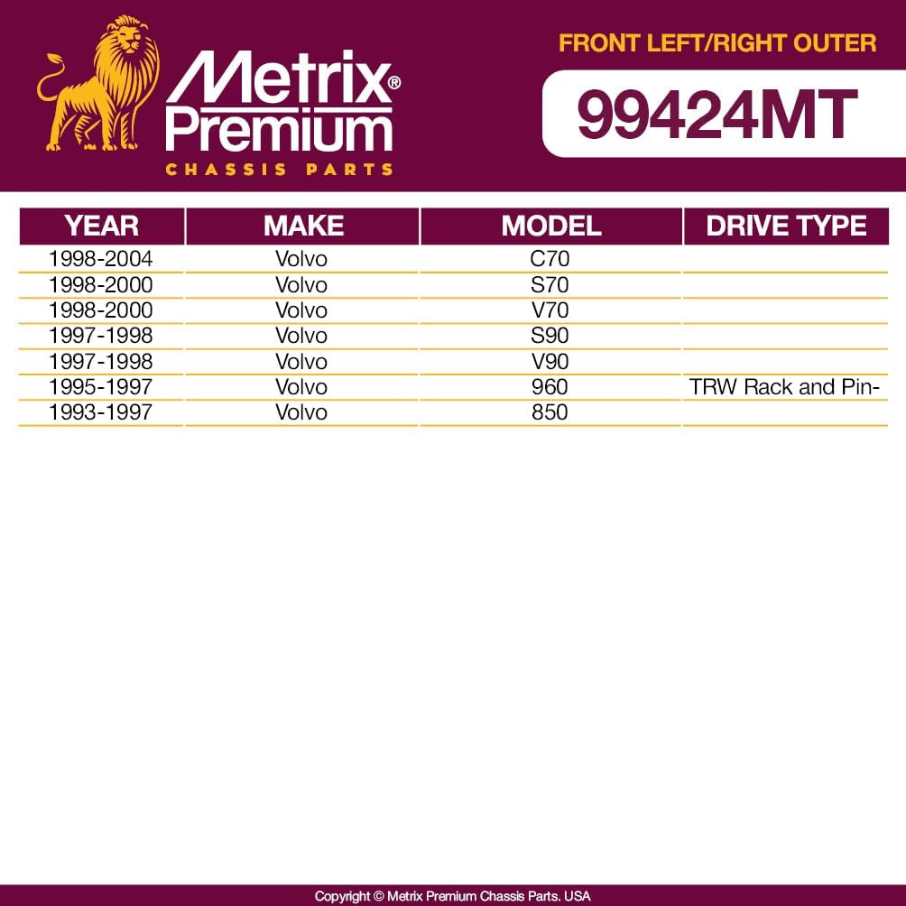 Metrix Premium Chassis Parts - Front Left & Right Outer Tie Rod End Kit Fits 98-04 Volvo C70, 98-00 S70, 98-00 V70, 97-98 S90, 97-98 V90, 95-97 960, 93-97 850, Replacement ES3257 ES3256 Made in Europe