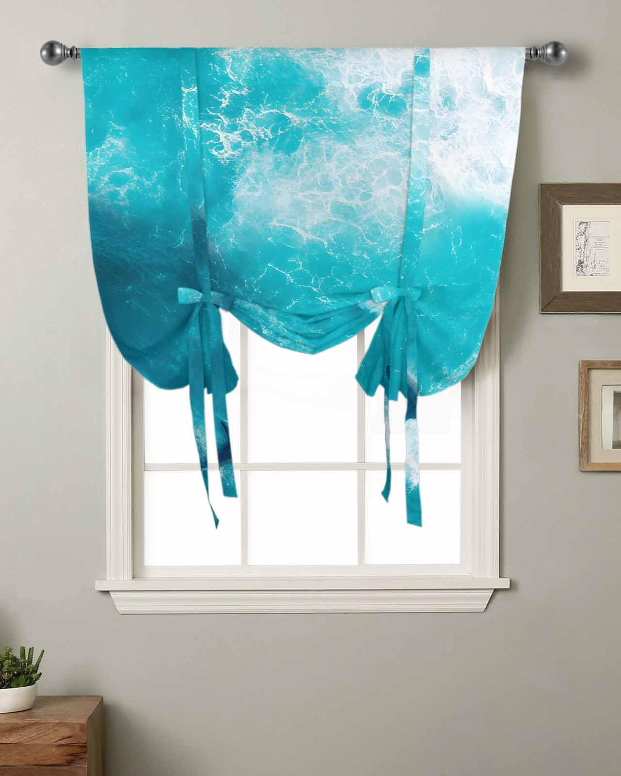 Tie Up Curtains for Kitchen Windows,Summer Watercolor Ocean Shark Adjustable Balloon Shade Curtain Panel Rod Pocket Drapes for Small Window Decor 34