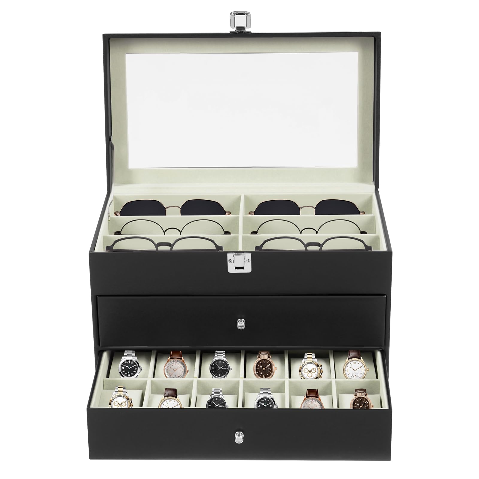 Uhrenbox Brillenetui mit 24 Fächern, Aufbewahrung von 12 Brillen und 12 Uhren, 2-Etagen Design mit Glasdeckel & Schublade